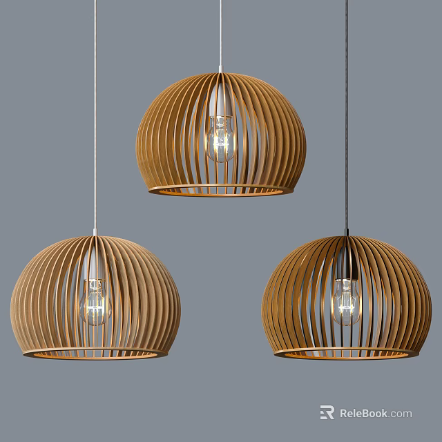 Natural Wooden Pendant Lights With Circular Striped Design And Three Clear Bulbs 3d model 