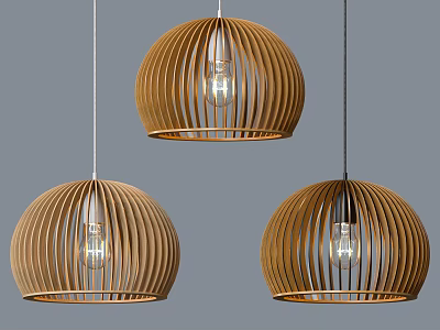 Natural Wooden Pendant Lights With Circular Striped Design And Three Clear Bulbs 3d model