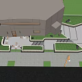 Modern Urban Plaza Landscape With Contemporary Building Lush Greenery And Stone Pathways