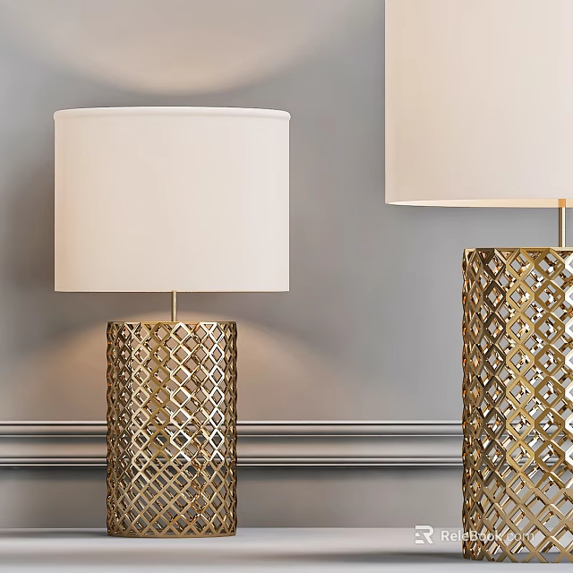 Elegant Modern Table Lamp With Golden Openwork Base And White Lampshade 3d model 