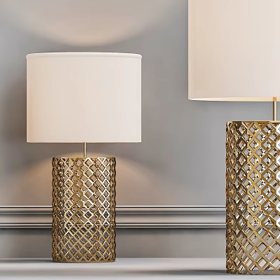 Elegant Modern Table Lamp With Golden Openwork Base And White Lampshade 3d model