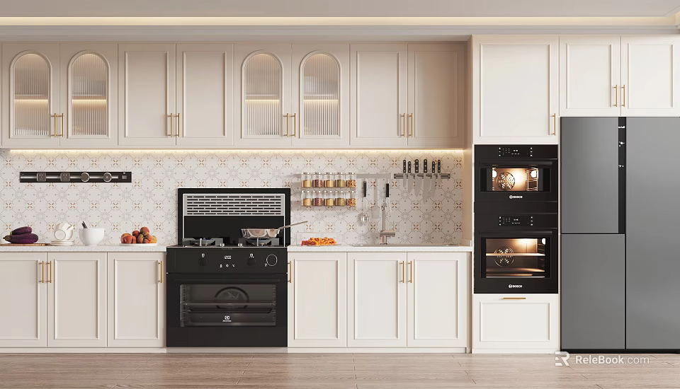 Modern Kitchen With White Cabinets And Black Appliances And Tile Backsplash 3d model 
