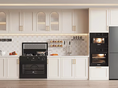 Modern Kitchen With White Cabinets And Black Appliances And Tile Backsplash 3d model