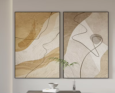 Modern Abstract Wall Art with Curved Lines in Beige Brown White Tones on Wall 3d model