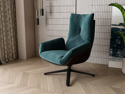 Teal Velvet Accent Chair with Armrest and Swivel Black Base in Modern Wooden Floor Interior 3d model