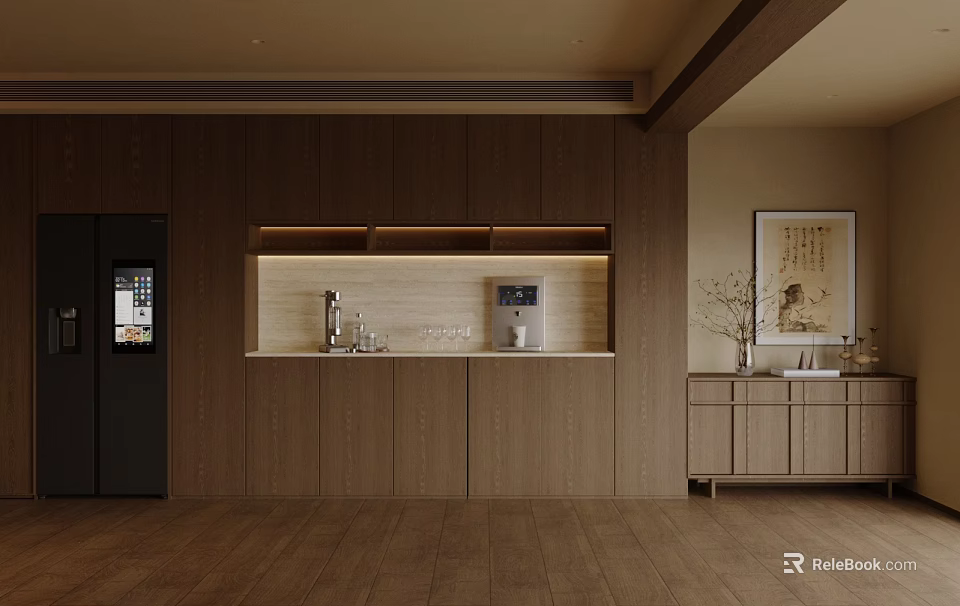 Modern Wooden Sideboard With LED Lighting Countertop Coffee Machine And Vase Decor In Living Area 3d model 