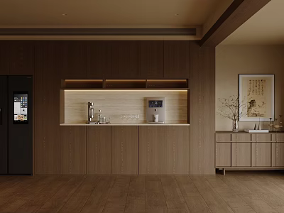 Modern Wooden Sideboard With LED Lighting Countertop Coffee Machine And Vase Decor In Living Area 3d model