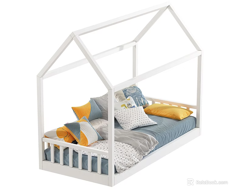 White House Shaped Kids Bed With Roof Frame And Colorful Bedding 3d model 