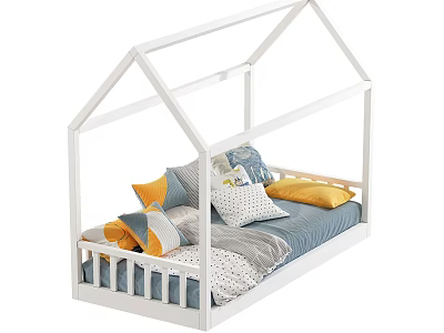 White House Shaped Kids Bed With Roof Frame And Colorful Bedding 3d model