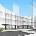 Modern Sales Office Building With Curved White Glass Curtain Wall And Night Lighting Water Feature