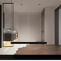 Modern Living Dining Room Interior With Gray Sofa TV Wall Marble Open Kitchen And Plants