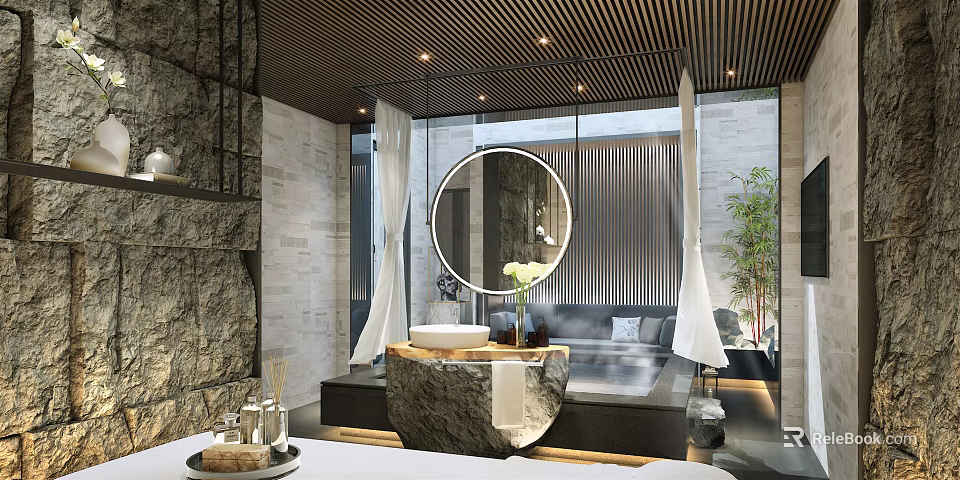 Modern SPA Sauna Interior Design With Stone Walls Round Mirror Marble Countertop And Plant 3d model 