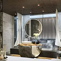 Modern SPA Sauna Interior Design With Stone Walls Round Mirror Marble Countertop And Plant