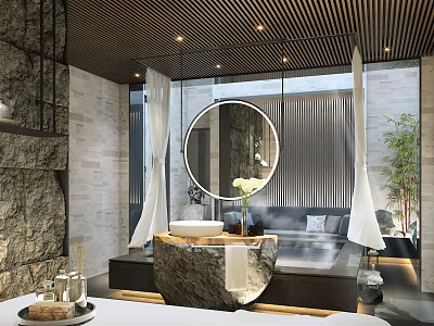 Modern SPA Sauna Interior Design With Stone Walls Round Mirror Marble Countertop And Plant 3d model