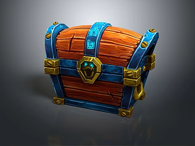 Wooden Treasure Chest With Blue Decorative Bands Golden Metal Fittings And Central Gemstone 3d model