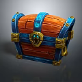 Wooden Treasure Chest With Blue Decorative Bands Golden Metal Fittings And Central Gemstone
