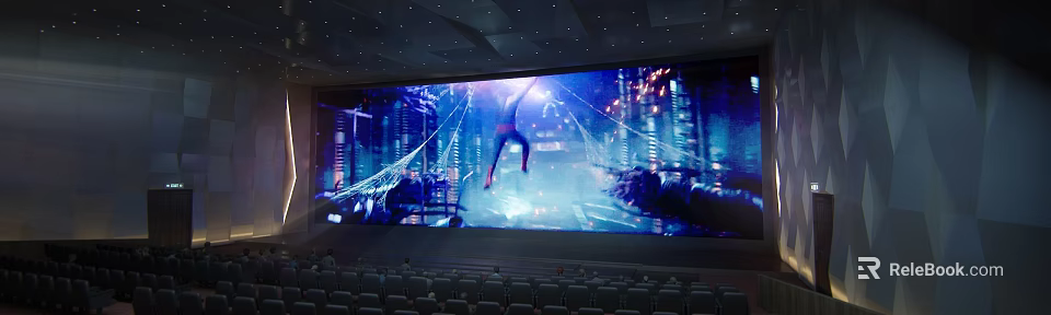 Modern Movie Theater With Large Screen Showing Spider Man Movie And City Night View Experience 3d model 