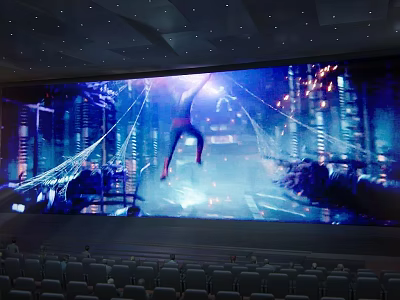 Modern Movie Theater With Large Screen Showing Spider Man Movie And City Night View Experience 3d model
