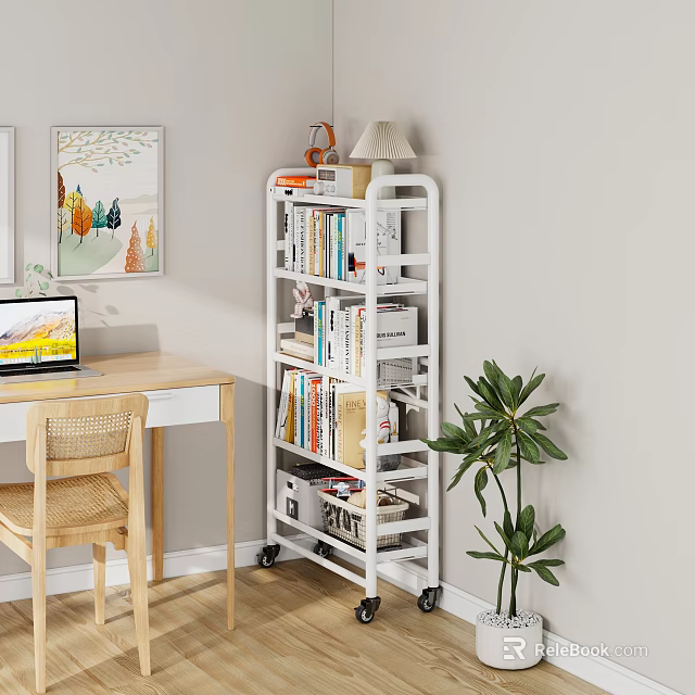 White Wheeled Multi tiered Bookshelf With Books Decorations Near Desk Laptop And Plant 3d model 