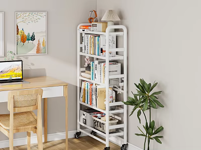 White Wheeled Multi tiered Bookshelf With Books Decorations Near Desk Laptop And Plant 3d model