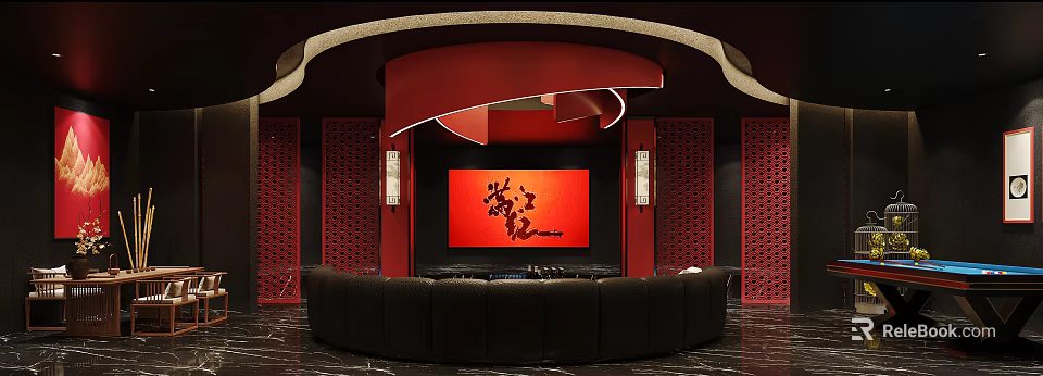 Luxurious KTV Room Interior With Red Backdrop Golden Chinese Characters And Black Sofa 3d model 