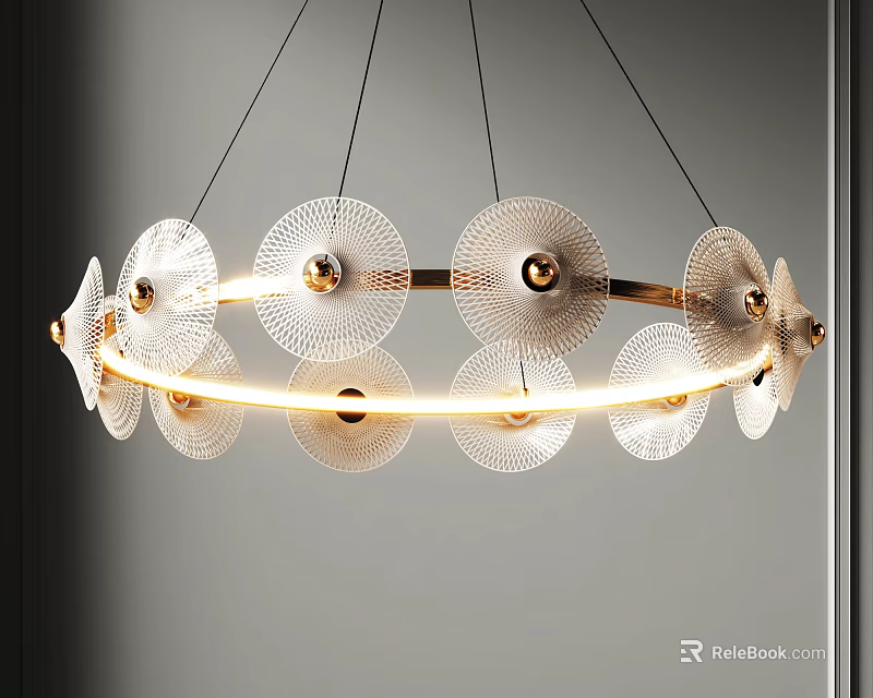 Elegant Modern Circular Chandelier with Transparent Discs Gold Accents and Warm Light 3d model 