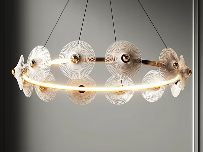 Elegant Modern Circular Chandelier with Transparent Discs Gold Accents and Warm Light 3d model