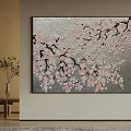 Cherry Blossom Oil Painting with Pink Flowers Black Branches Gray Background and Vase on Table
