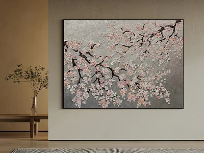 Cherry Blossom Oil Painting with Pink Flowers Black Branches Gray Background and Vase on Table 3d model