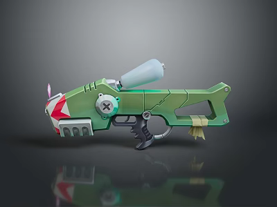 Green Stylized Weapon Gun 3D Model Featuring Red Accents White Barrel Grip Details 3d model
