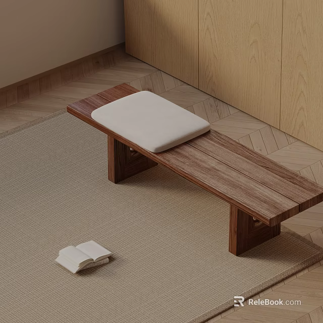 Wooden Sofa Bench With White Cushion On Carpet And Open Book In Minimalist Indoor Space 3d model 