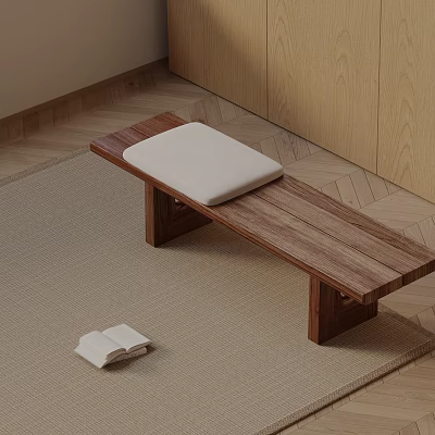 Wooden Sofa Bench With White Cushion On Carpet And Open Book In Minimalist Indoor Space 3d model