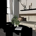 Hotel Guest Room Interior With Beige Sofa Black Coffee Table White Curtains And Decorative Painting