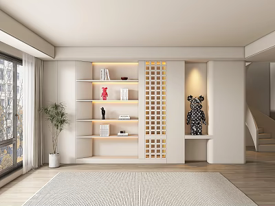 Modern Interior Background Wall With Shelves Lattice Partition And Decorative Bear Statue 3d model