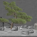 Zen Garden Ornament With Pine Tree Stone Lantern Rocks And Sand Patterns 3d model