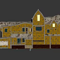 Wooden House With Yellow Exterior Textured Roof Multiple Windows Balcony Porch And Stairs