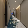 Long Hotel Corridor With Wooden Walls Large Windows City View And Patterned Carpet Ceiling Lights