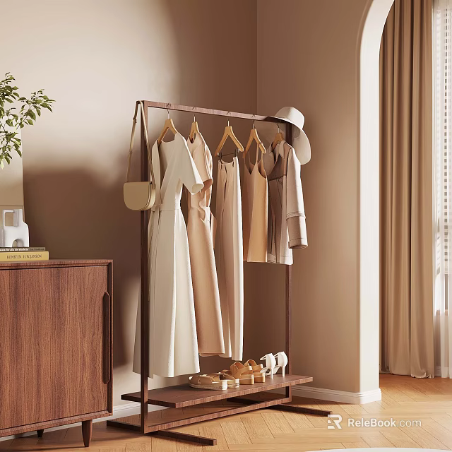 Minimalist Room With Clothes Rack Hanging Dresses Hat Bag Plant Curtain And Shoes 3d model 