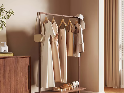 Minimalist Room With Clothes Rack Hanging Dresses Hat Bag Plant Curtain And Shoes 3d model