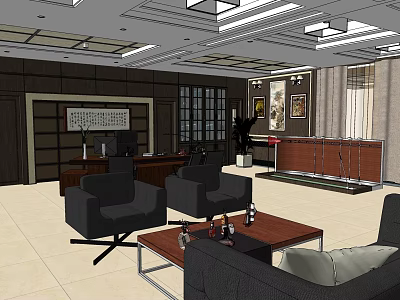 Modern Office Interior Design With Sofa Coffee Table Desk Chair And Decorative Paintings 3d model