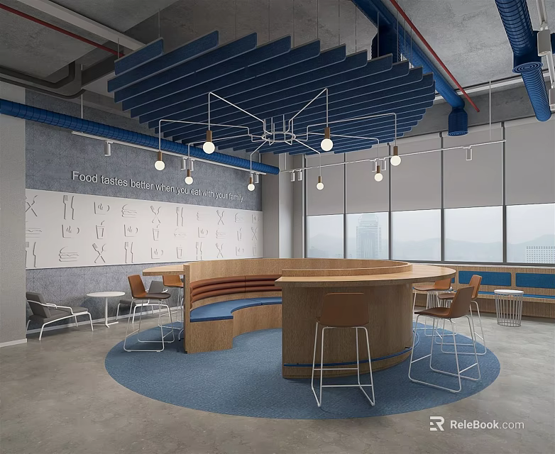 Modern Cafe Interior Featuring Circular Bar Stools Letter Decorations And Blue Grid Ceiling 3d model