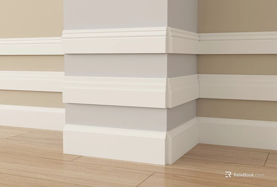 Elegant White and Beige Layered Lines in Interior Columns Wall Decor and Wooden Floors 3d model 