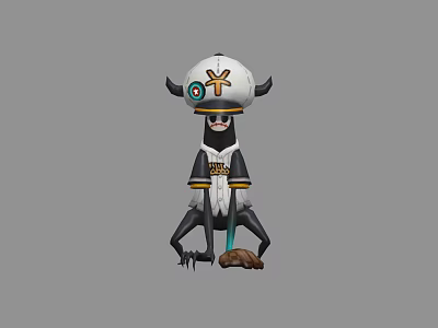 Animated Game Character With Skeleton Face White Hat Black Horns Black Outfit Holding Shovel 3d model