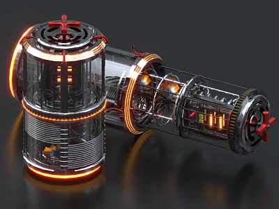 Futuristic Cylindrical Weapon with Transparent Metal Body Red Orange Edge Glowing Lights and Mechanical Structure 3d model