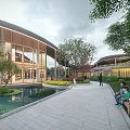 Modern Tourist Center Featuring Curved Roof Lush Greenery Water Features And Seating Areas