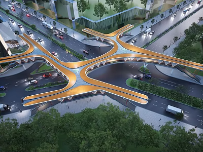 Modern Landscape Bridge With Cross Structure Urban Roads Vehicles And Trees 3d model
