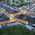 Modern Landscape Bridge With Cross Structure Urban Roads Vehicles And Trees