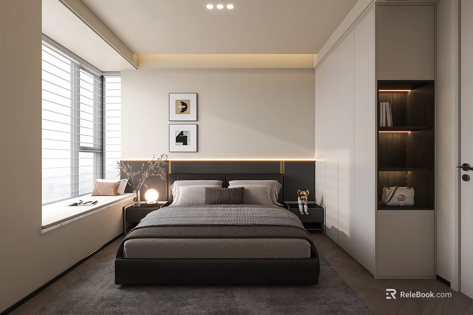 Modern Minimalist Bedroom Interior With Bed Nightstand Table Lamp Window Blinds Framed Pictures And Wardrobe 3d model 