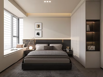 Modern Minimalist Bedroom Interior With Bed Nightstand Table Lamp Window Blinds Framed Pictures And Wardrobe 3d model