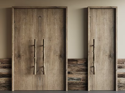 Rustic Wooden Doors Featuring Natural Wood Handles And Textured Wall Panels 3d model